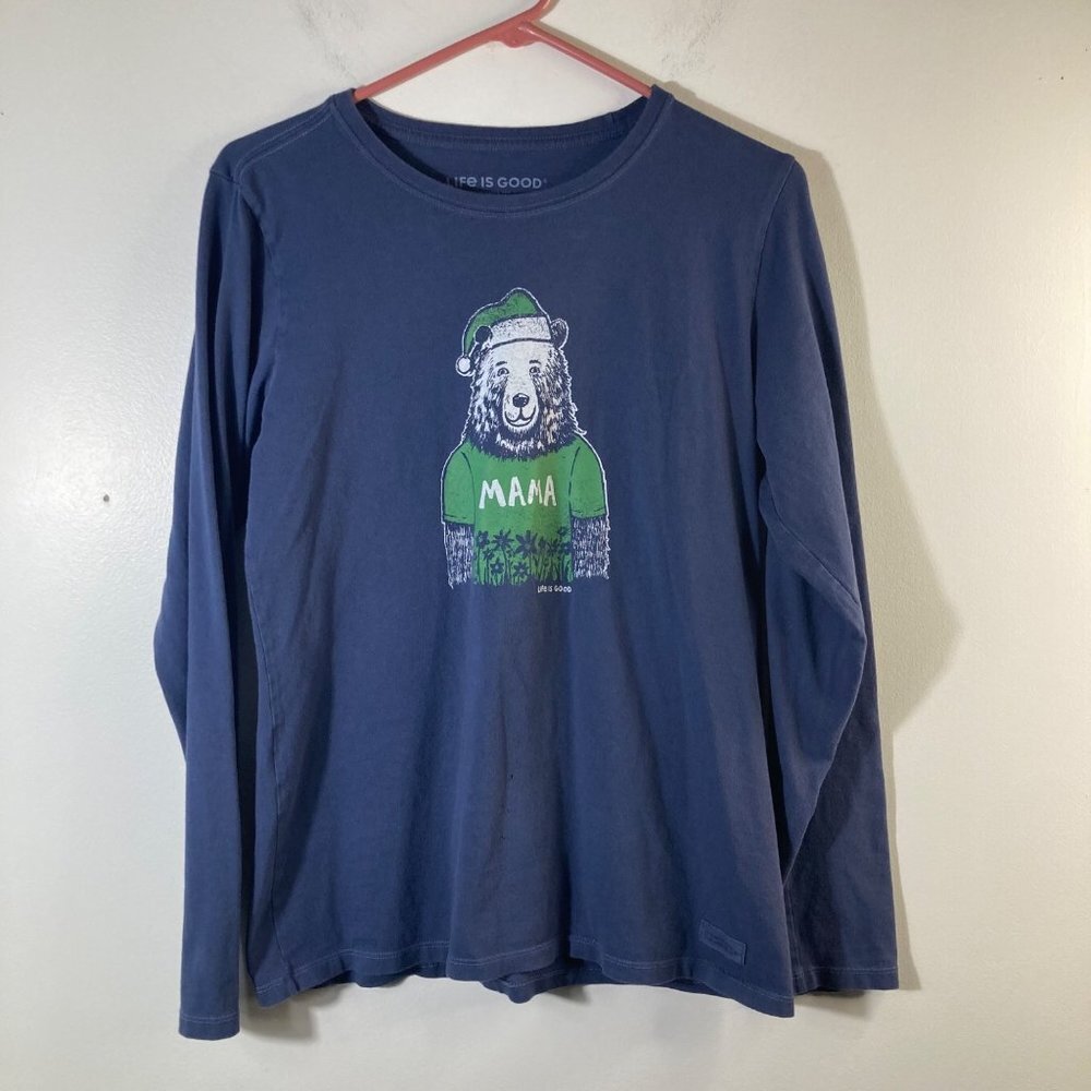 Womens‎ Life Is Good Mama Bear Crusher Tee Shirt Crewneck Long Sleeve Blue M
